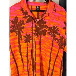 Neff Mens XL Hawaiian Shirt Orange Pink Palm Tree Button Front Viscose